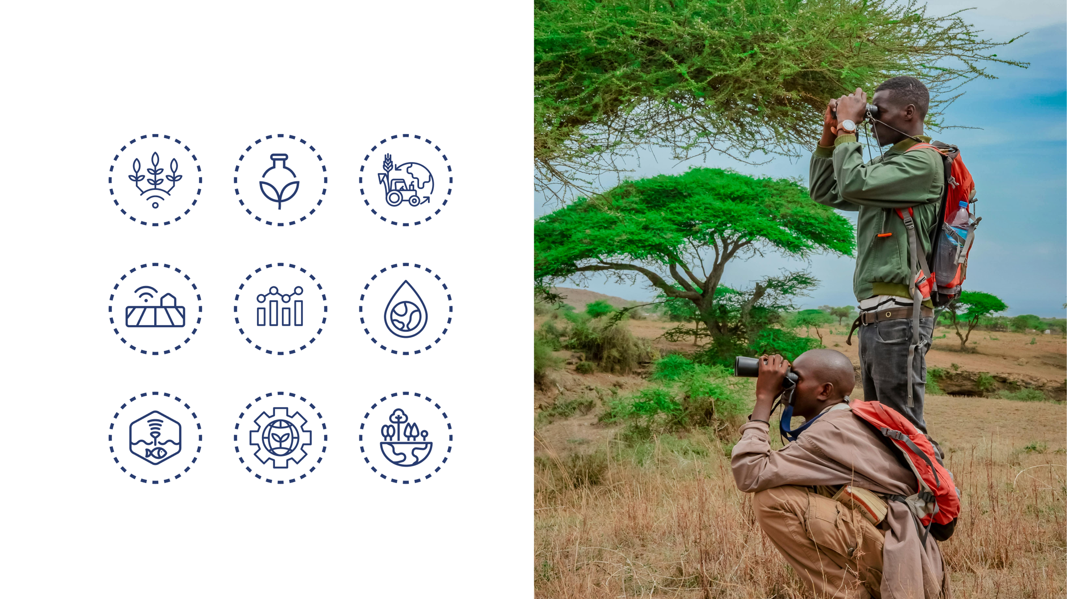 Nura icon system: nine single-line sector icons beside a field photograph from East Africa