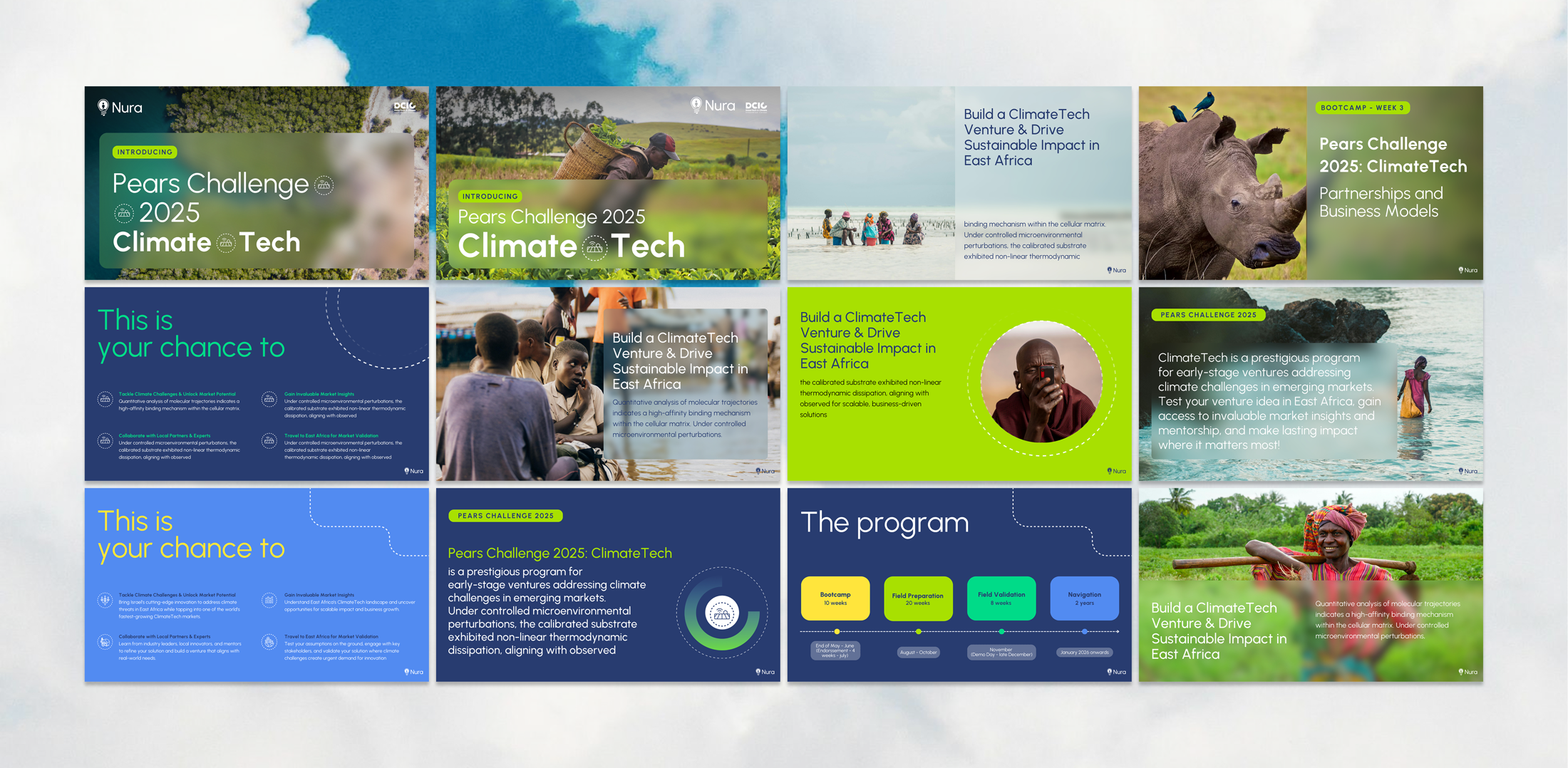Nura presentation deck: twelve slides covering the Pears Challenge 2025 ClimateTech program